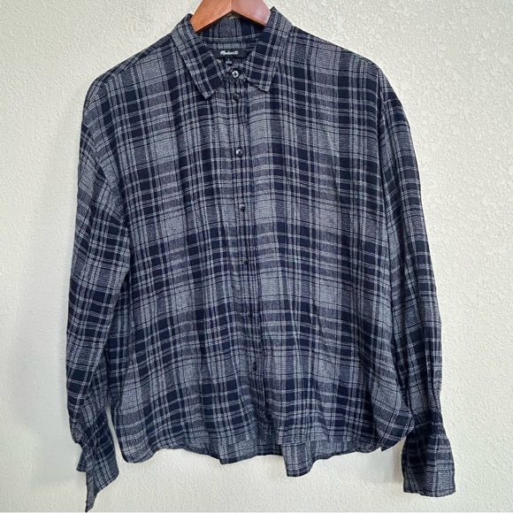 Madewell Women’s Large Plaid Button-Up Long Bell Sleeve Shirt Navy Wool Blend - Picture 3 of 7